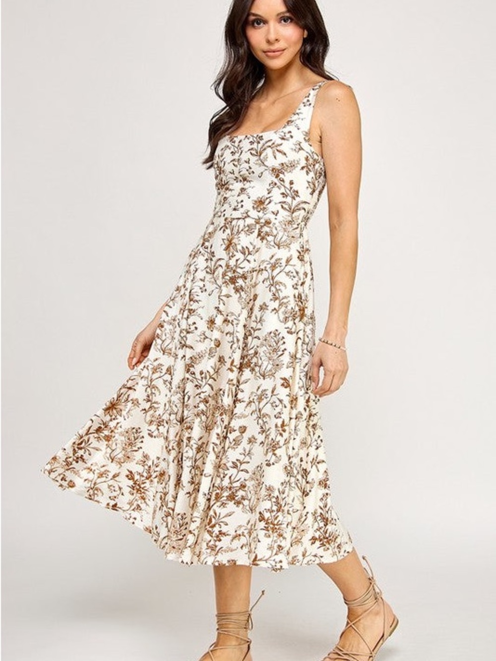 Blush & Day Toile Floral Square Neck A-Line Midi Dress Cream Brown Size L